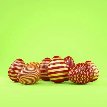 3d render of 8 red and gold easter eggs on green background. Stock Illustration