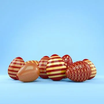 3d render of 8 red and gold easter eggs on blue background. Illustrazione stock