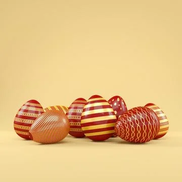 3d render of 8 red and gold easter eggs on yellow background. Illustrazione stock