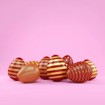 3d render of 8 red and gold easter eggs on pink background. Ilustración de archivo