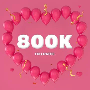 3D render of "800K Followers" text on a pink background with a large heart-sh Stock Illustration