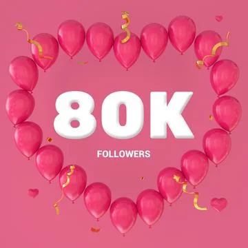 3D render of "80K Followers" text on a pink background with a large heart-sha Stock Illustration