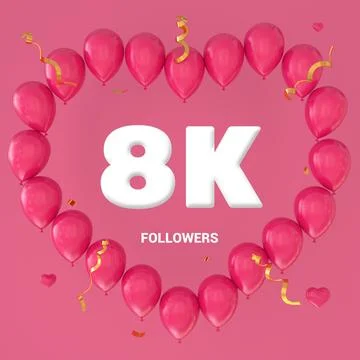 3D render of "8K Followers" text on a pink background with a large heart-shap Stock Illustration