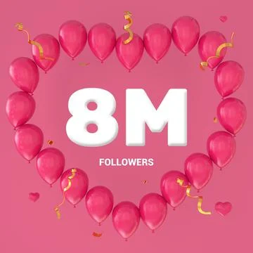 3D render of "8M Followers" text on a pink background with a large heart-shap Stock Illustration