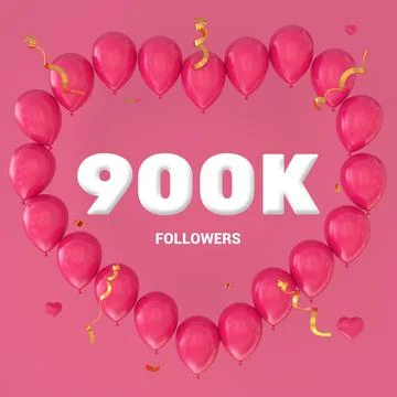 3D render of "900K Followers" text on a pink background with a large heart-sh Stock Illustration