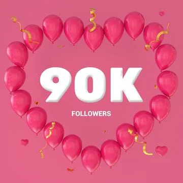 3D render of "90K Followers" text on a pink background with a large heart-sha Stock Illustration