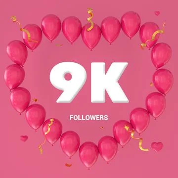 3D render of "9K Followers" text on a pink background with a large heart-shap Stock Illustration