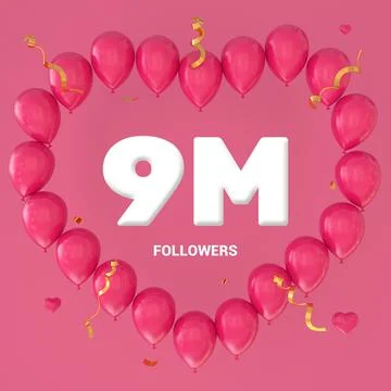 3D render of "9M Followers" text on a pink background with a large heart-shap Stock Illustration