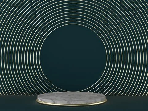 3d render, abstract art deco green background, round golden frames with marble Stock Illustration