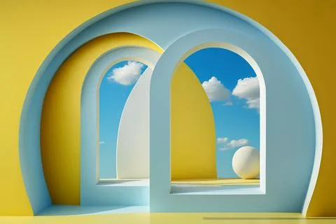 A 3D render of an abstract background with blue sky inside the arch windows Illustrazione stock