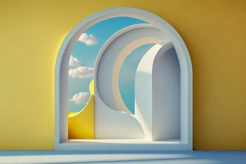 A 3D render of an abstract background with blue sky inside the arch windows Illustrazione stock