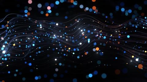 3d render abstract background with bright spheres on splines. Deformed wavy w Stock Illustration