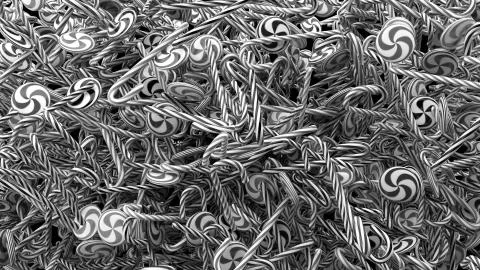 3d render abstract background with christmas candies. A lot of candies are ly Stock Illustration