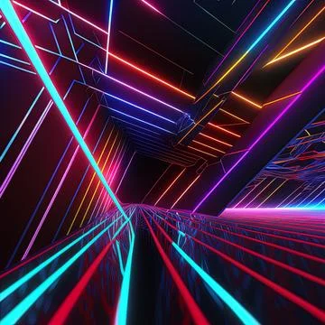 3d render, abstract background with colorful neon lines going up, virtual Stock Illustration
