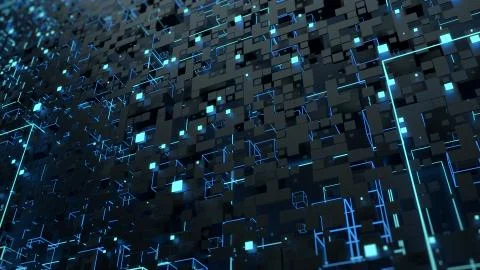 3d render abstract background. Complex digital wall with random elements. Squ 스톡 일러스트