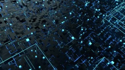 3d render abstract background. Complex digital wall with random elements. Squ 스톡 일러스트