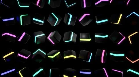 3d render. Abstract background with cubes lined up in rows on a plane, neon Stock Illustration