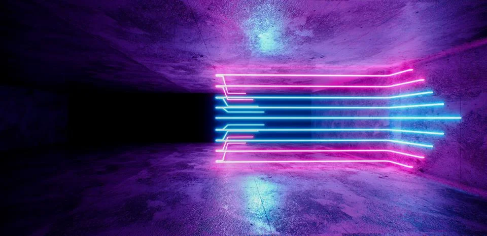 3d render, abstract background, empty room, night club stage, neon lights, vi Stock Illustration