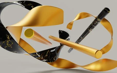 3d render abstract background with gold and black marble shapes in motion Stock Illustration