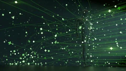 3d render abstract background with human that surrounded with particles and t Illustrazione stock