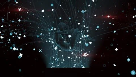 3d render abstract background with human that surrounded with particles and t Stockillustratie