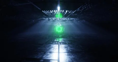3d render. Abstract background, metal portal, green neon lights. Virtual real Stock Illustration