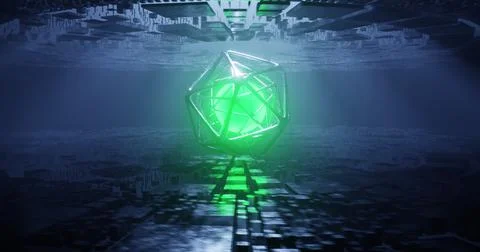 3d render. Abstract background, metal portal, green neon lights. Virtual real Stock Illustration