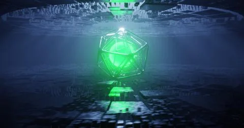 3d render. Abstract background, metal portal, green neon lights. Techology fu Stock Illustration