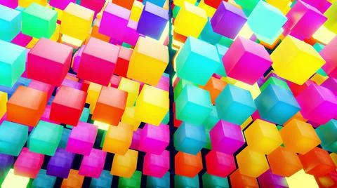 3d render. Abstract background with multicolor cubes or blocks grid in air and Illustrazione stock