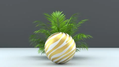 3d render abstract background with palm leaves, sphere and golden grid. Modern Stock Illustration