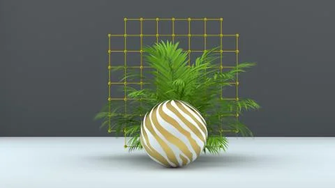 3d render abstract background with palm leaves, sphere and golden grid. Modern Stock Illustration