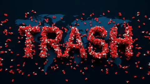 3d render of abstract background with plastic free idea. Plastic red cups on  Stock Illustration