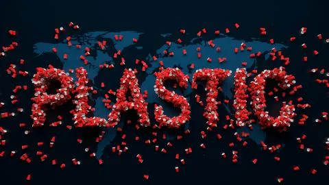 3d render of abstract background with plastic free idea. Plastic red cups on  Stock Illustration