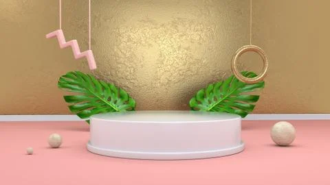 3d render abstract background with podium, spheres, golden elements and palm Stock Illustration