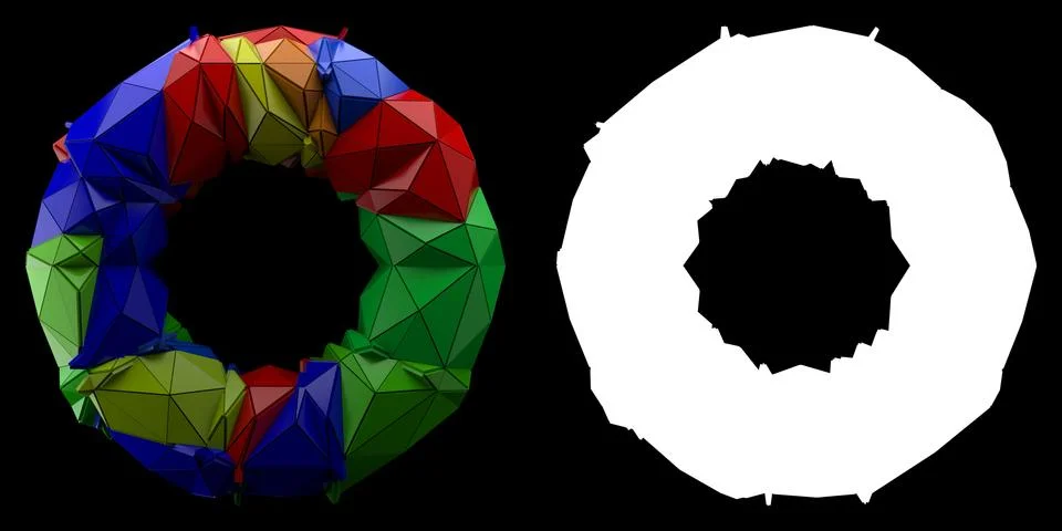 3d render abstract backgrouny. Triangular and extruded tourus geometry. Posit Ilustração Stock