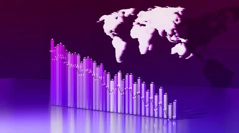 3d render. Abstract beautiful columns form graph and with the world map form an Stock Illustration