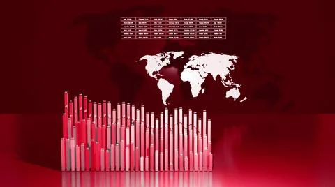 3d render. Abstract beautiful columns form graph and with the world map form an Stockillustratie