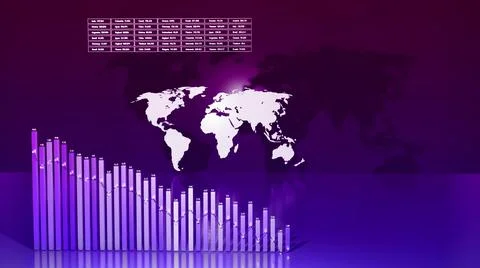 3d render. Abstract beautiful columns form graph and with the world map form an Stock Illustration