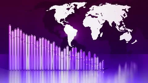3d render. Abstract beautiful columns form graph and with the world map form an Stock Illustration