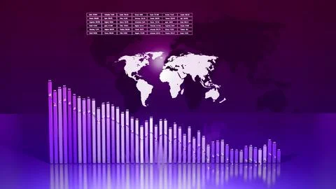 3d render. Abstract beautiful columns form graph and with the world map form an Stockillustratie