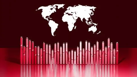 3d render. Abstract beautiful columns form graph and with the world map form an Illustrazione stock