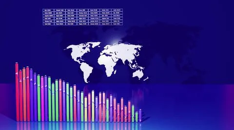 3d render. Abstract beautiful multicolor columns form graph and with the world Stock Illustration