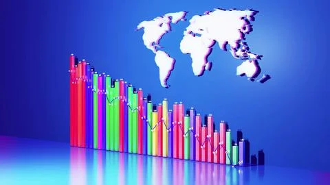 3d render. Abstract beautiful multicolor columns form graph and with the world Stock Illustration