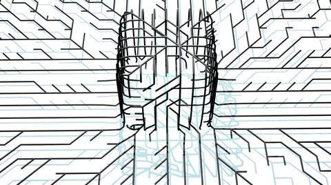 3d render. Abstract black wireframe on white bg. Ai growing geometric pattern of Stock Illustration