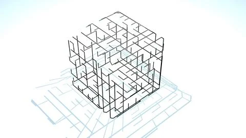 3d render. Abstract black wireframe on white bg. Ai growing geometric pattern of Stock Illustration