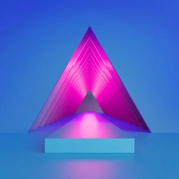 3d render, abstract blue background, pink neon light inside triangular tunnel Stock Illustration