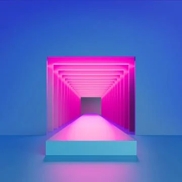 3d render, abstract blue background, pink neon light inside square tunnel, Stock Illustration