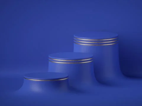 3d render, abstract blue background. Empty cylinder podium, Illustrazione stock