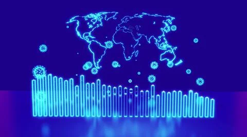 3d render. Abstract blue holographic infographic with world map, abstract graphs 스톡 일러스트