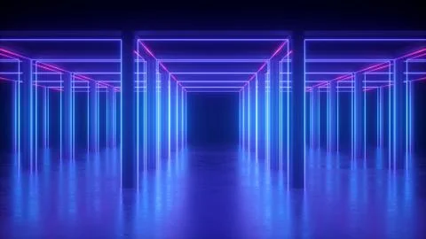 3d render, abstract blue neon geometric background, cubic shape, lines glow 스톡 일러스트